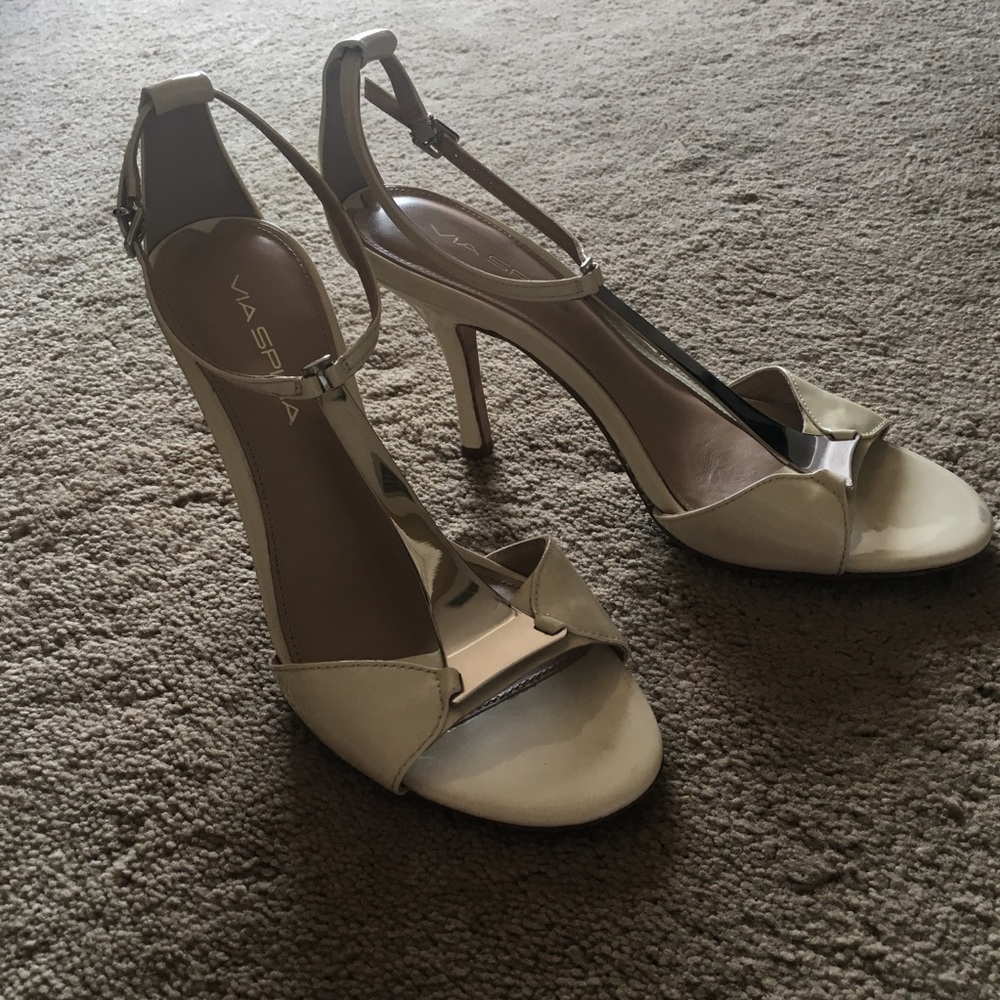 Via Spiga ivory T-strap patent high heel sandals